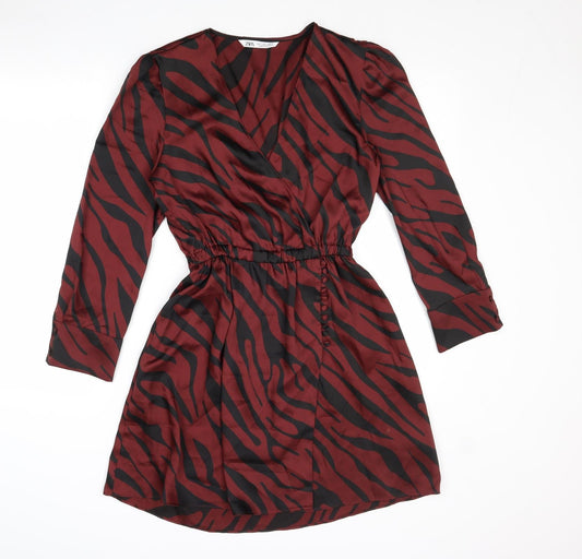 Zara Womens Red Animal Print Polyester Mini Size S V-Neck Button - Elastic Waist