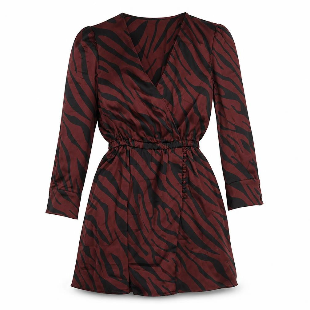 Zara Womens Red Animal Print Polyester Mini Size S V-Neck Button - Elastic Waist