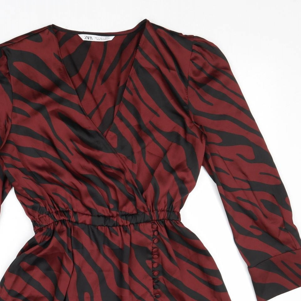 Zara Womens Red Animal Print Polyester Mini Size S V-Neck Button - Elastic Waist