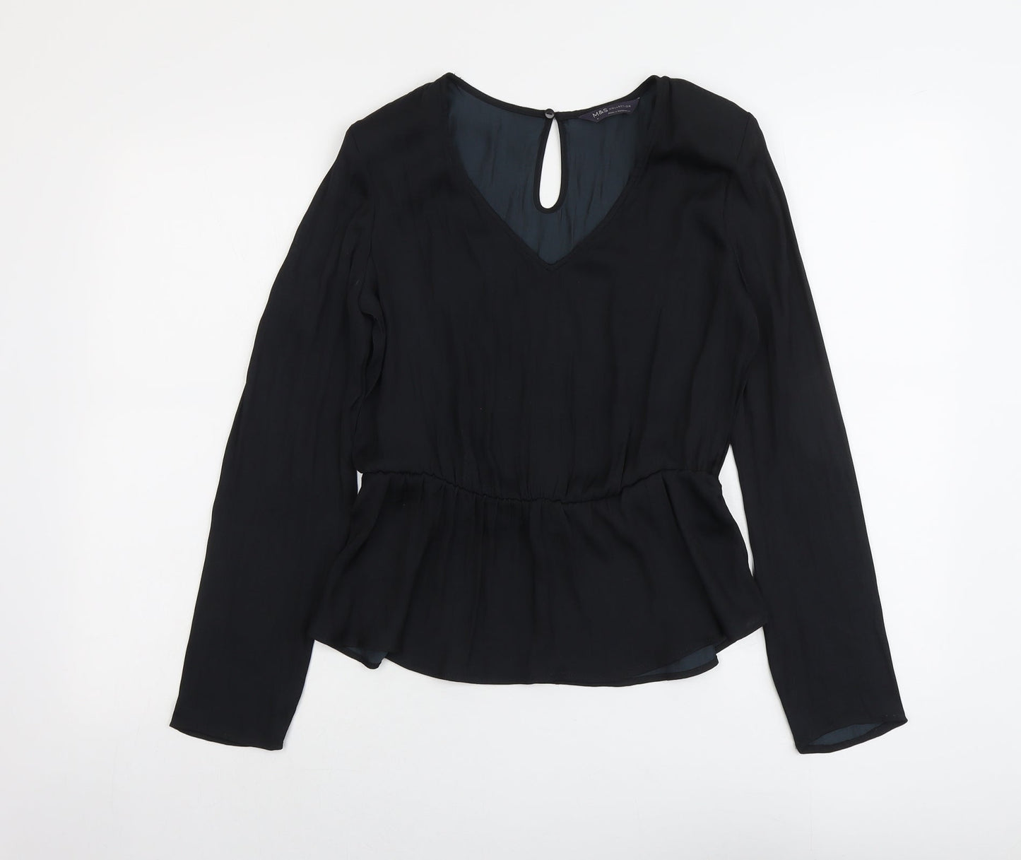 Marks and Spencer Womens Black Polyester Basic Blouse Size 8 V-Neck