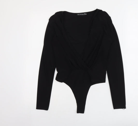 PRETTYLITTLETHING Womens Black Polyester Bodysuit One-Piece Size 8 Snap - Wrap Front