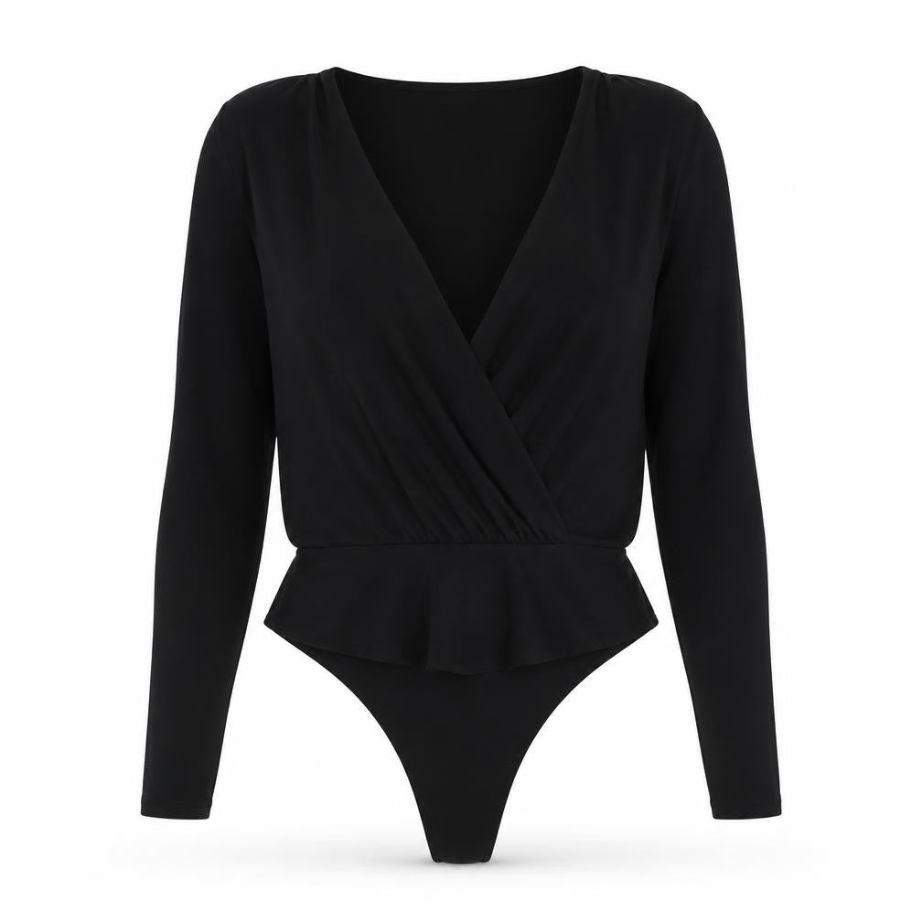 PRETTYLITTLETHING Womens Black Polyester Bodysuit One-Piece Size 8 Snap - Wrap Front