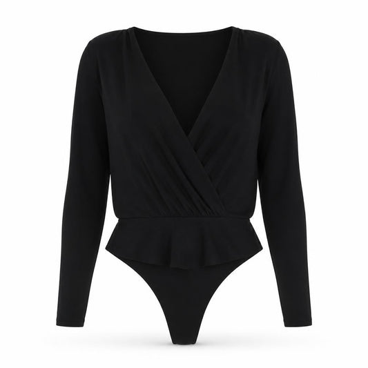 PRETTYLITTLETHING Womens Black Polyester Bodysuit One-Piece Size 8 Snap - Wrap Front