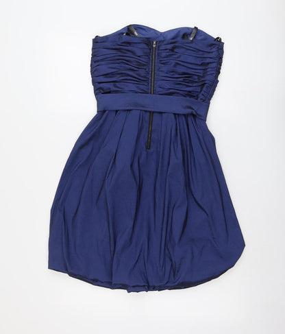 Back view of Vera Mont women’s blue polyester mini, size UK 10, square neck zip - strapless