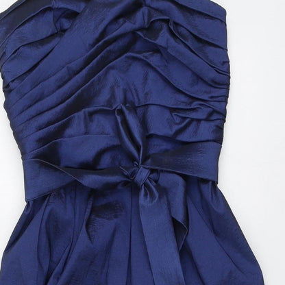 Close-up detail of Vera Mont women’s blue polyester mini, size UK 10, square neck zip - strapless