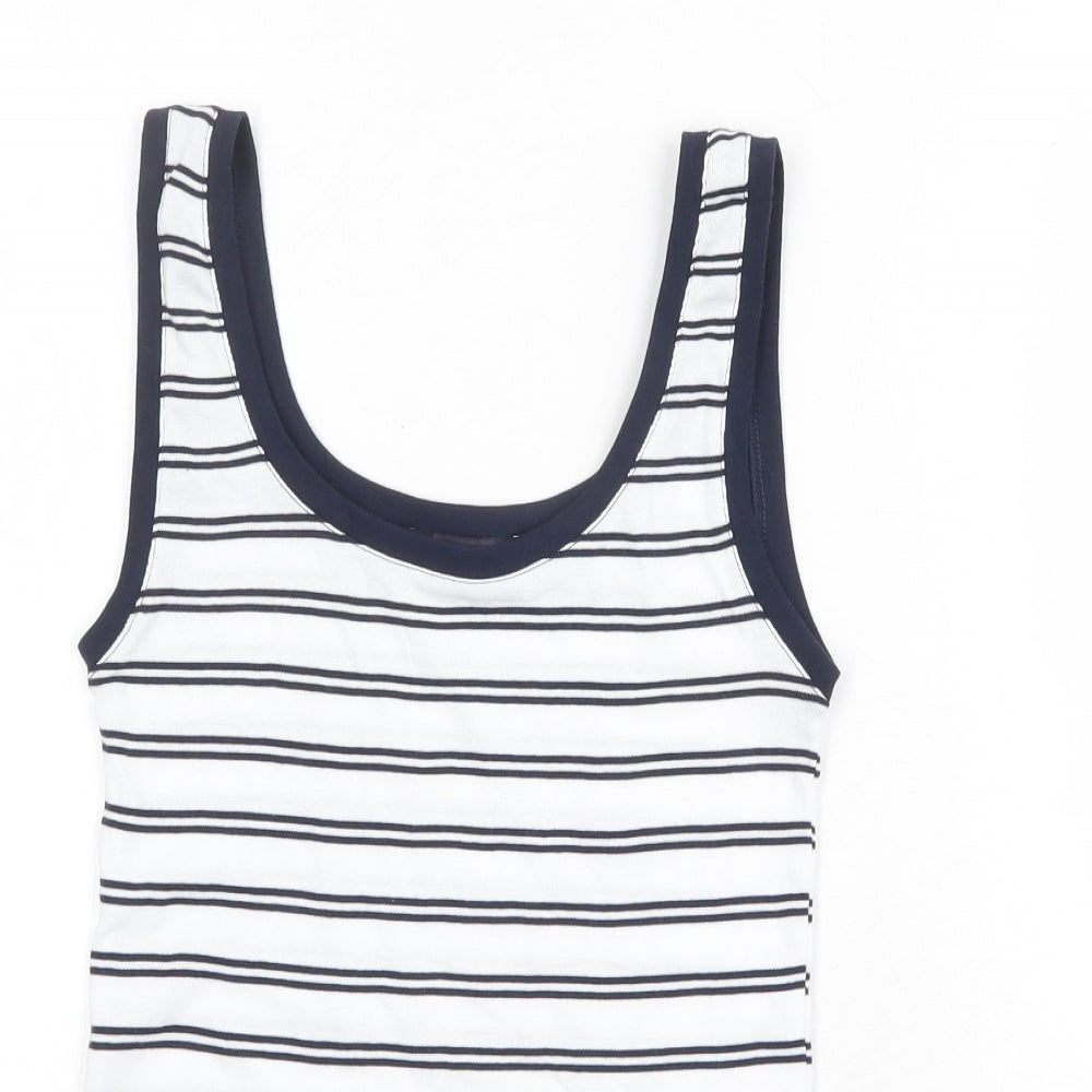 Marks and Spencer Womens White Striped Polyester Basic Tank Size 8 Round Neck