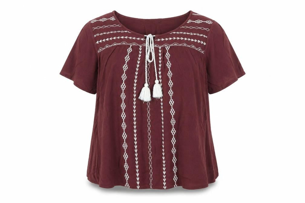 Debenhams Womens Red Geometric Viscose Basic Blouse Size 10 Round Neck