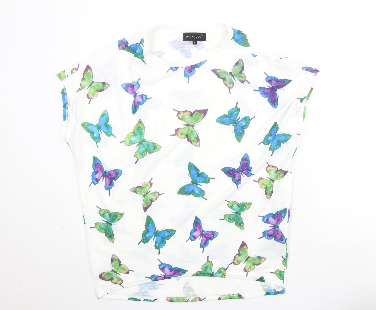Paramour Womens White Geometric Polyester Basic T-Shirt Size M Round Neck - Butterfly Pattern