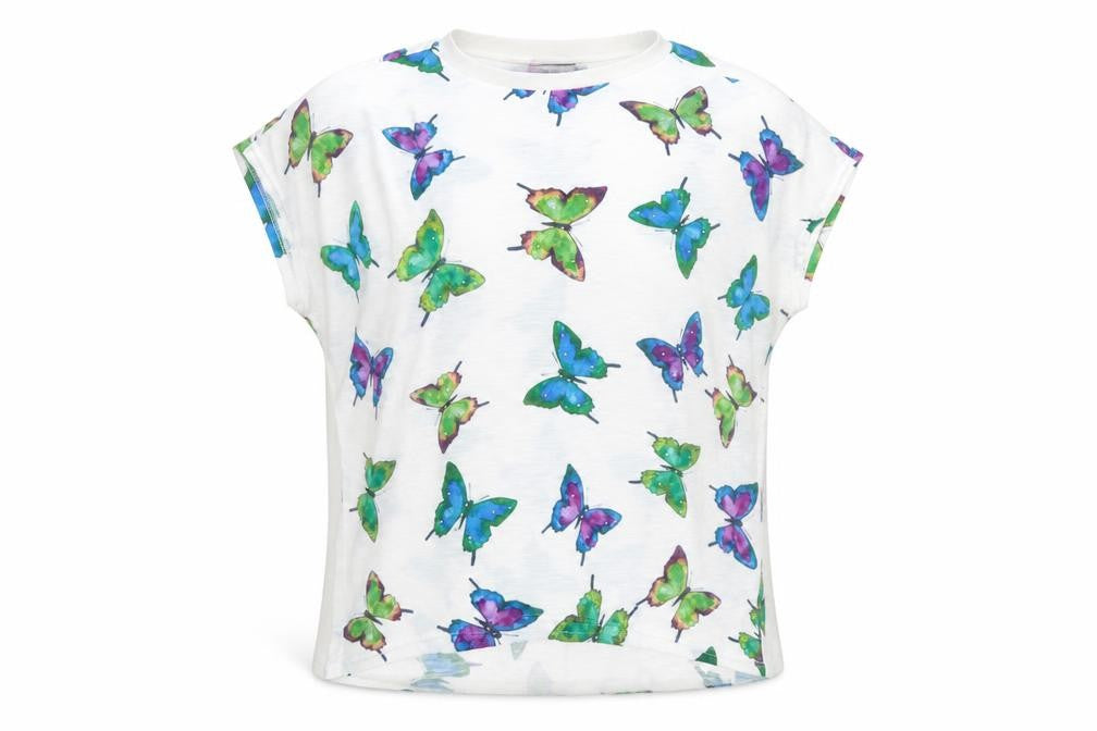 Paramour Womens White Geometric Polyester Basic T-Shirt Size M Round Neck - Butterfly Pattern
