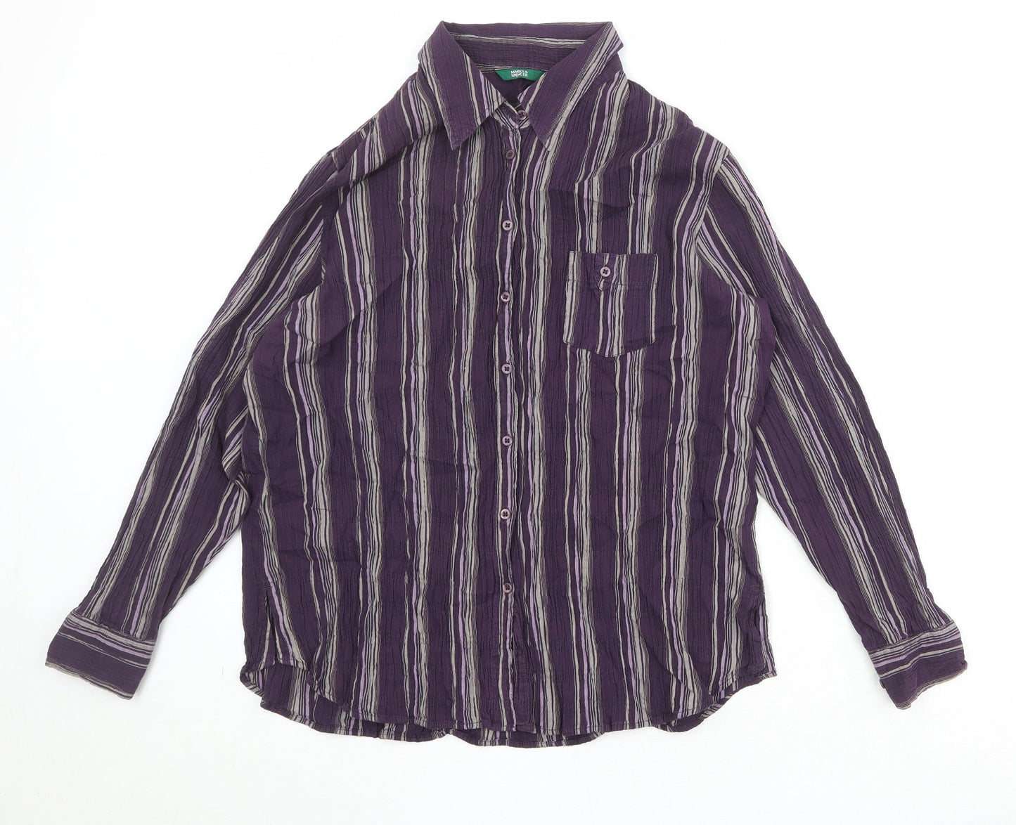 Marks and Spencer Womens Purple Striped Cotton Basic Button-Up Size 18 Collared