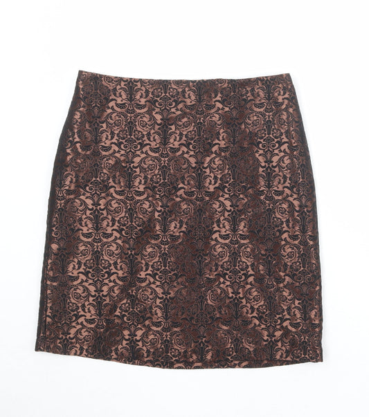 Marks and Spencer Womens Brown Geometric Polyester A-Line Skirt Size 10 Zip