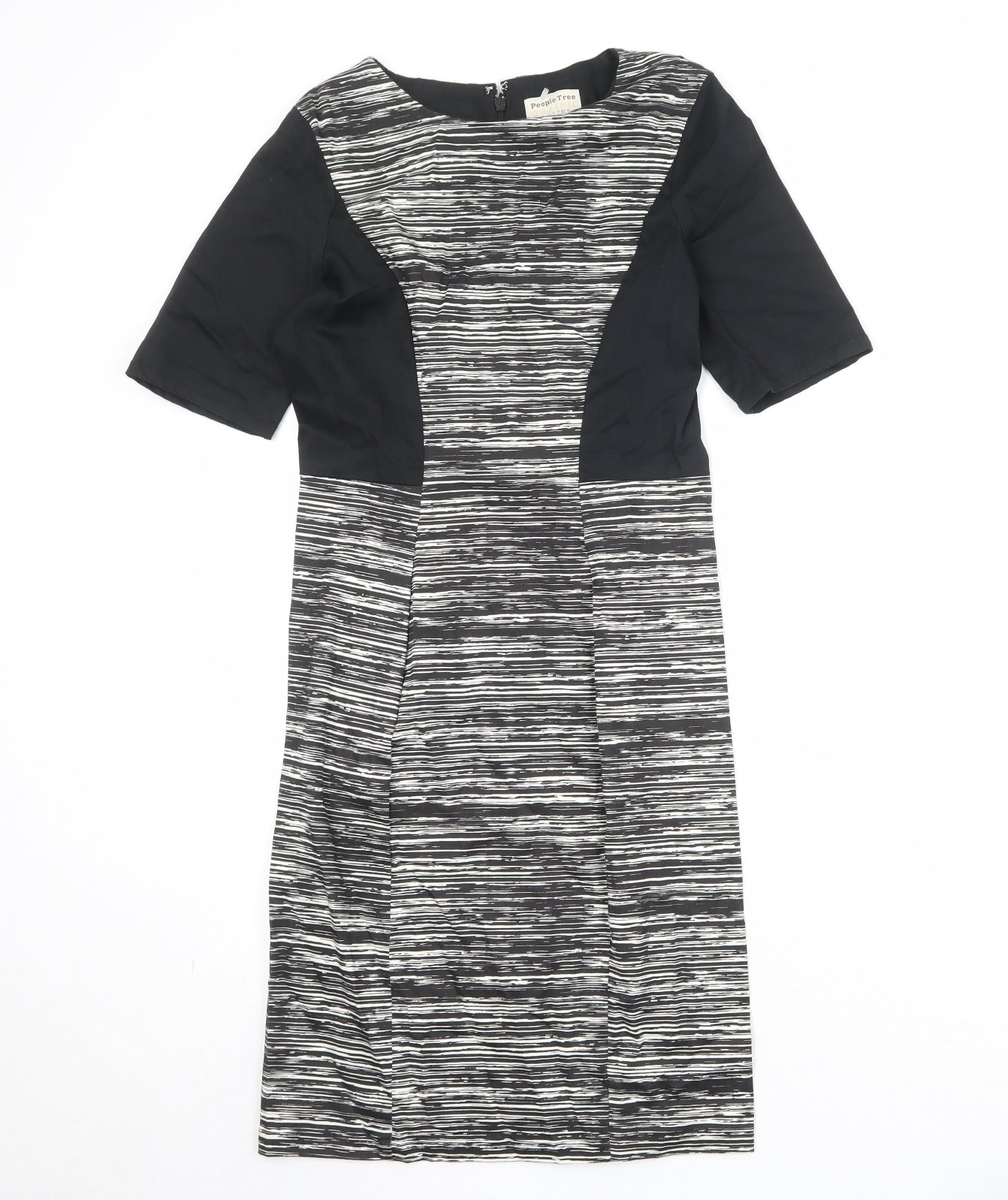 People Tree Womens Black Geometric Cotton A-Line Size 10 Round Neck Zip
