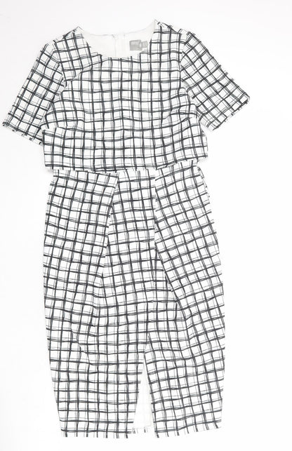 Additional front view of ASOS women’s white check polyester shift, size UK 12, round neck zip