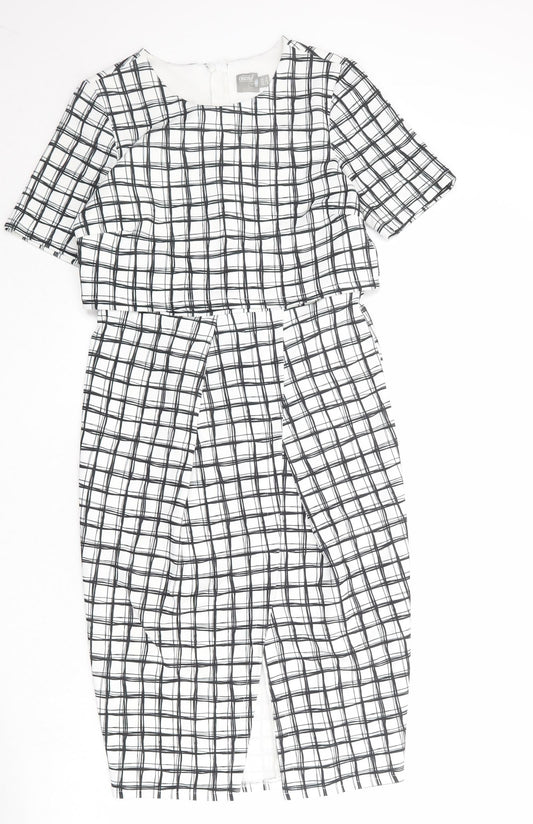 ASOS Womens White Check Polyester Shift Size 12 Round Neck Zip