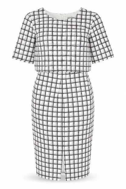 Front view of ASOS women’s white check polyester shift, size UK 12, round neck zip