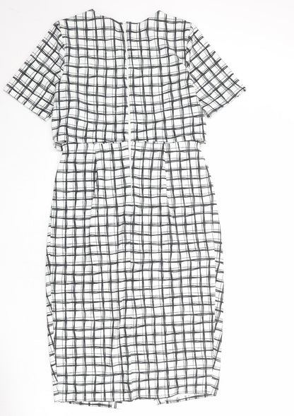 Back view of ASOS women’s white check polyester shift, size UK 12, round neck zip