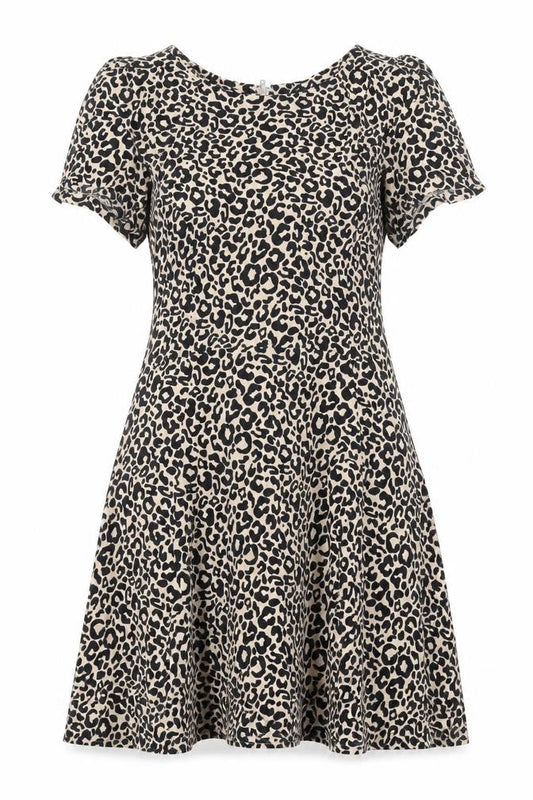 Oasis Womens Beige Animal Print Viscose Skater Dress Size 10 Round Neck Zip - Leopard Pattern