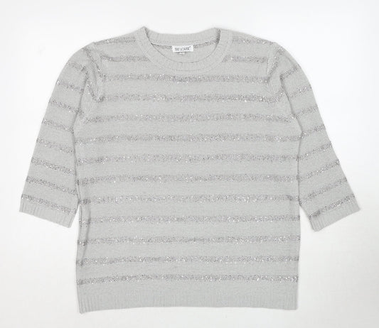 Fay Louise Womens Grey Round Neck Striped Acrylic Pullover Jumper Size L