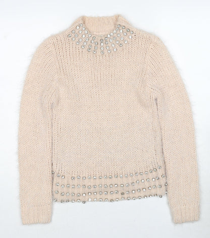 Additional front view of Miss Selfridge women’s beige round neck acrylic jumper, size UK 6