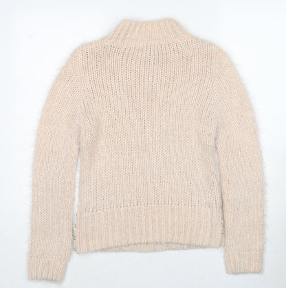 Back view of Miss Selfridge women’s beige round neck acrylic jumper, size UK 6