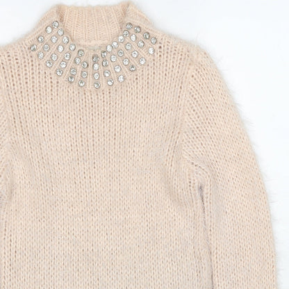 Close-up detail of Miss Selfridge women’s beige round neck acrylic jumper, size UK 6