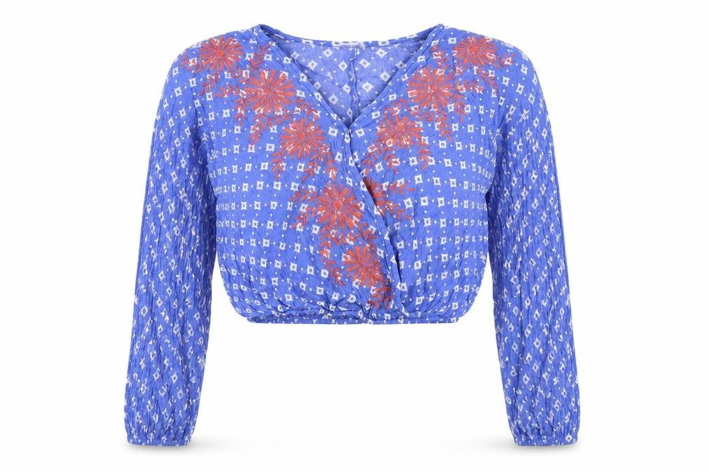 Chloe & Katie Womens Blue Geometric Viscose Basic Blouse Size XS V-Neck
