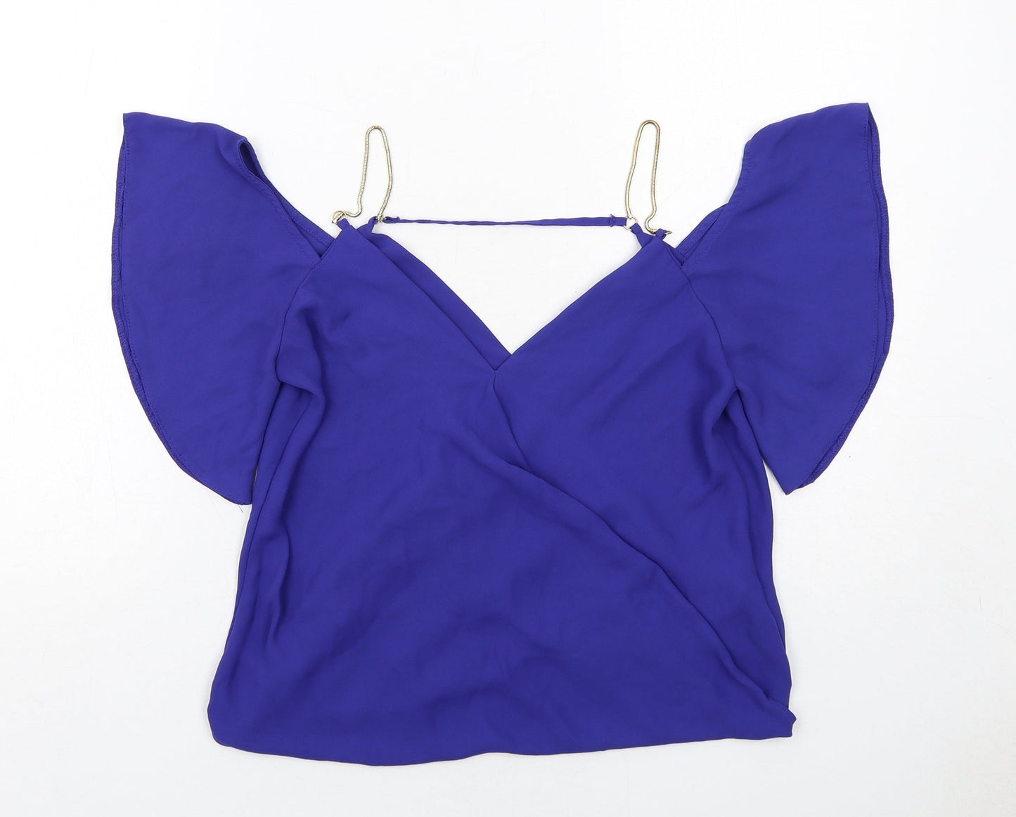 New Look Womens Blue Polyester Basic Blouse Size 8 V-Neck - Cold Shoulder, Chain Strap