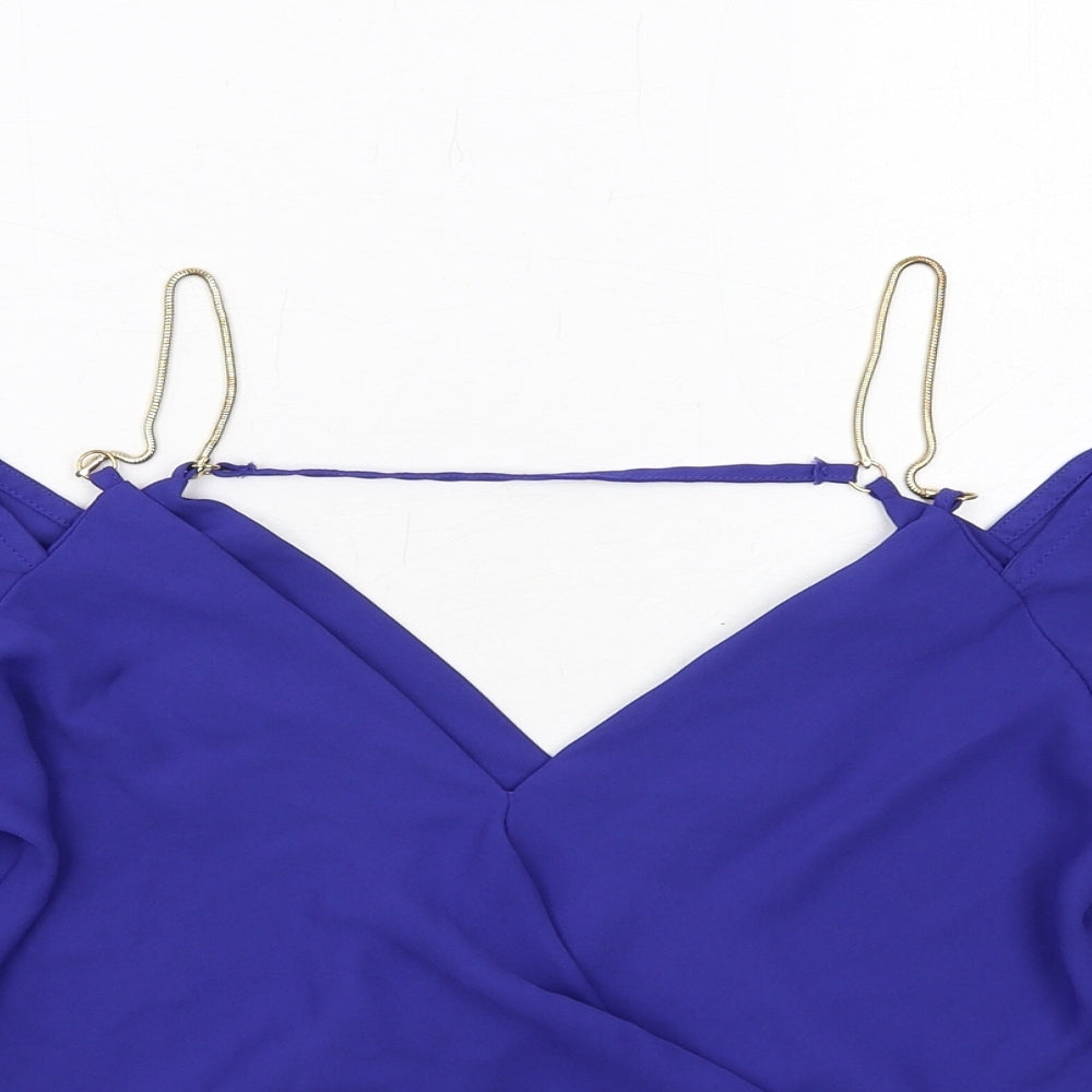 New Look Womens Blue Polyester Basic Blouse Size 8 V-Neck - Cold Shoulder, Chain Strap