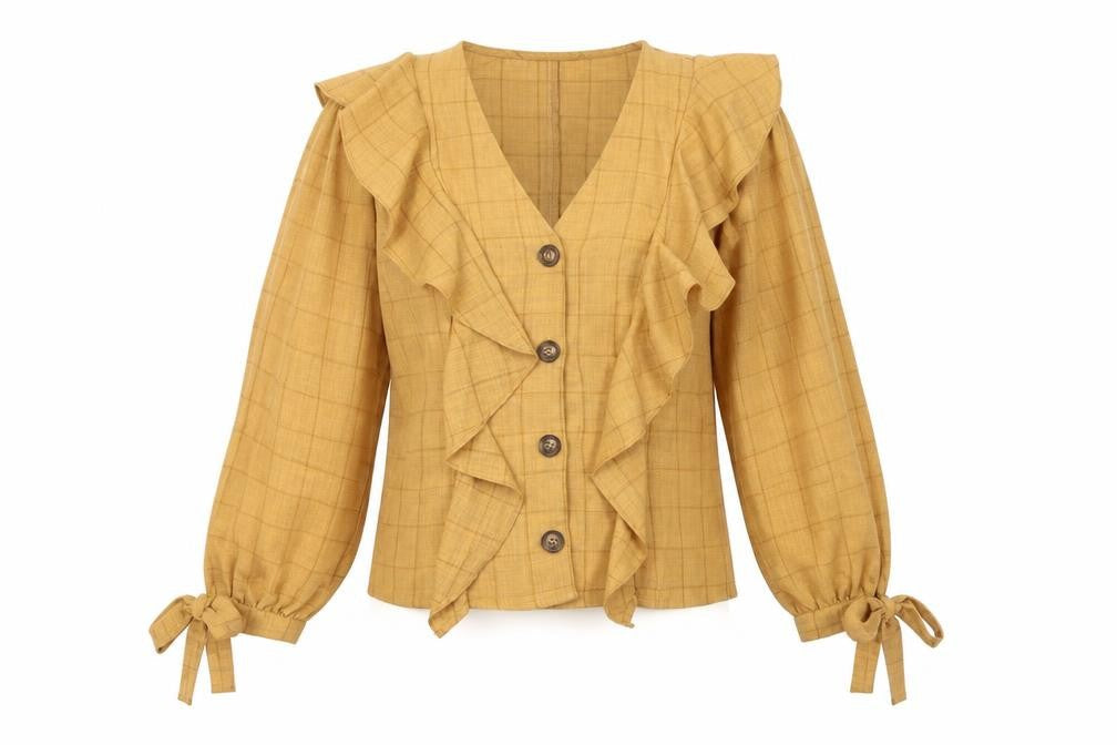Boohoo Womens Beige Check Polyester Basic Button-Up Size 6 V-Neck