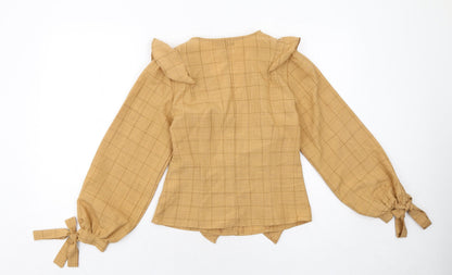 Boohoo Womens Beige Check Polyester Basic Button-Up Size 6 V-Neck