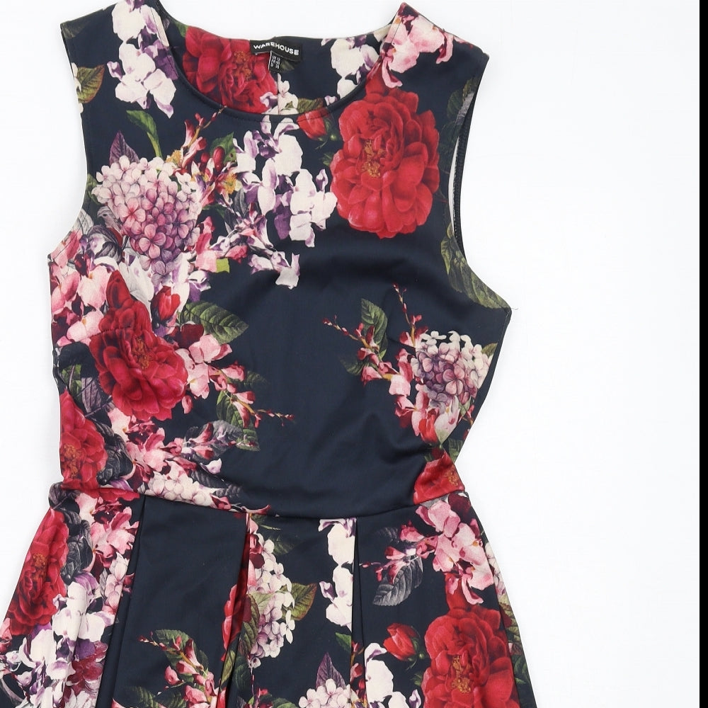 Warehouse Womens Black Floral Polyester A-Line Size 12 Boat Neck Pullover