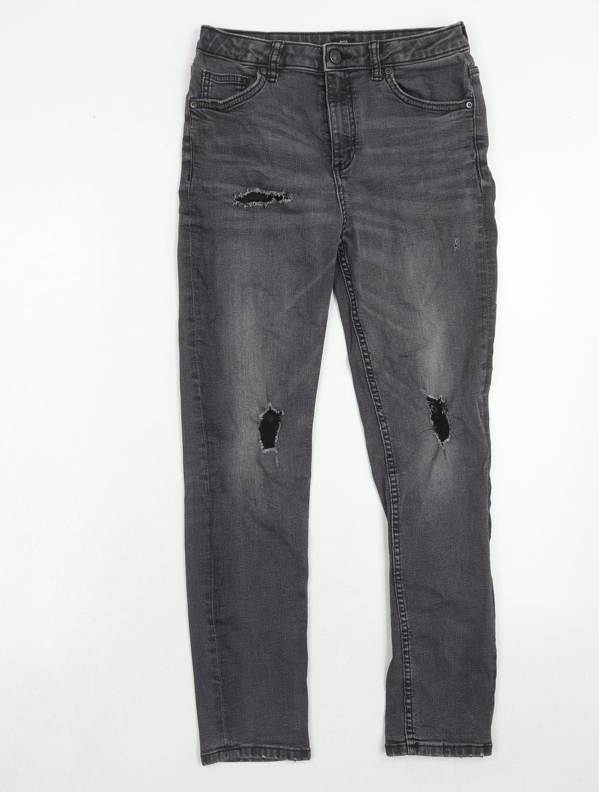 River Island Boys Grey Cotton Skinny Jeans Size 12 Years Regular Zip - Distressed