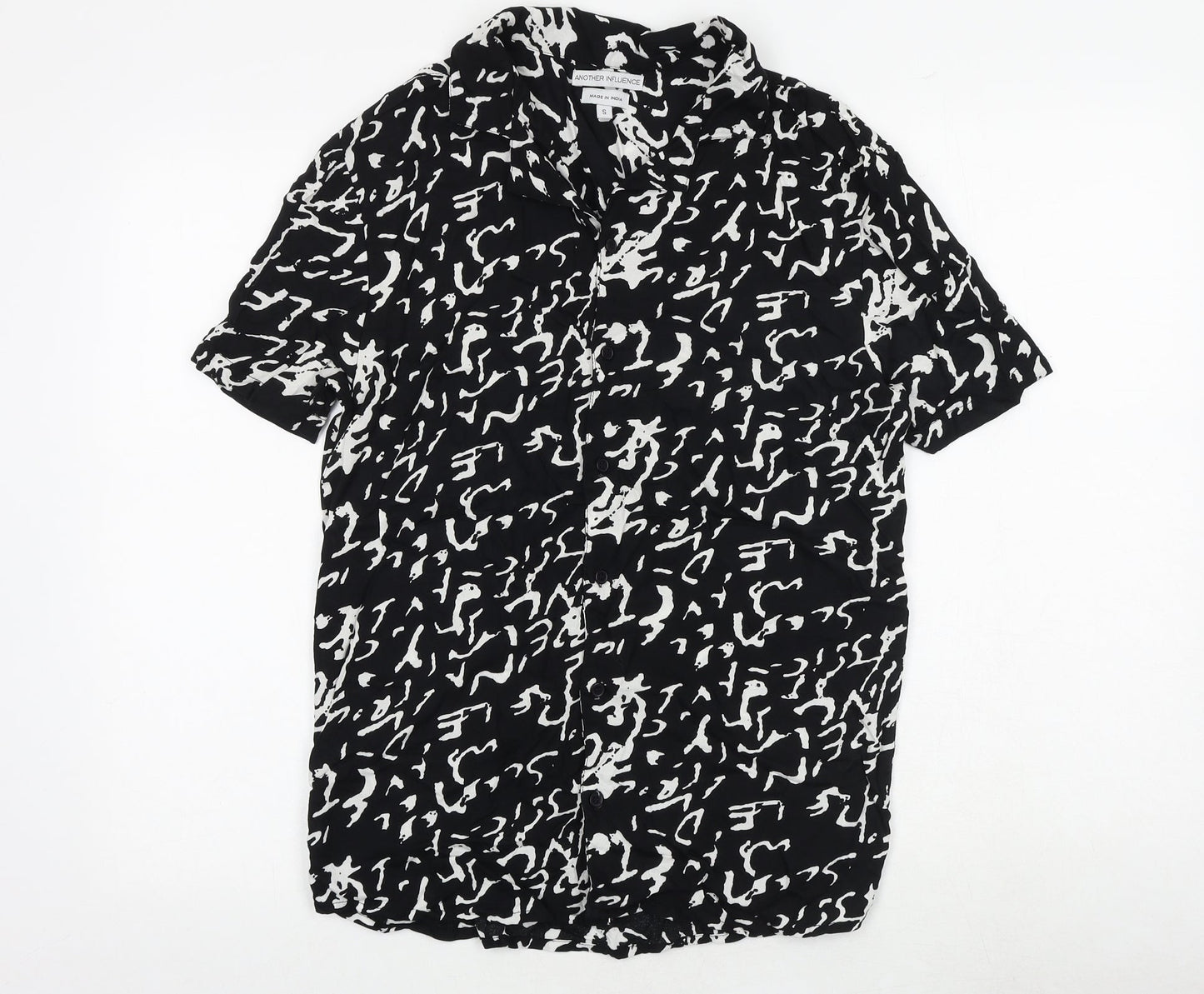 Another Influence Mens Black Geometric Viscose Button-Up Size S Collared Button