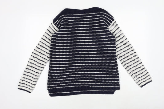 Marks and Spencer Womens Blue Boat Neck Striped 100% Cotton Pullover Jumper Size S