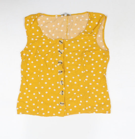 Warehouse Womens Yellow Polka Dot Viscose Basic Button-Up Size 10 Boat Neck