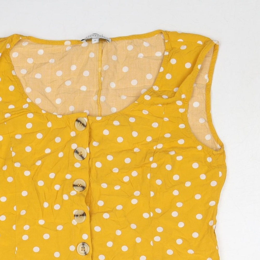 Warehouse Womens Yellow Polka Dot Viscose Basic Button-Up Size 10 Boat Neck