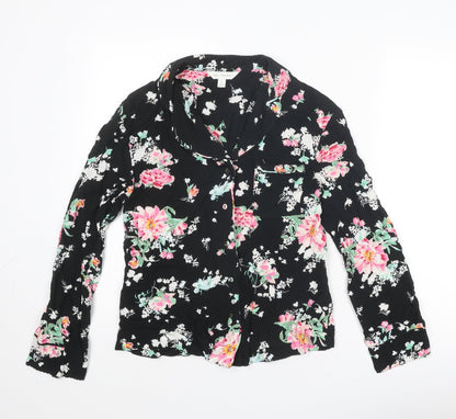 Marks & Spencer Womens Black Floral Viscose Basic Button-Up Size 6 Collared