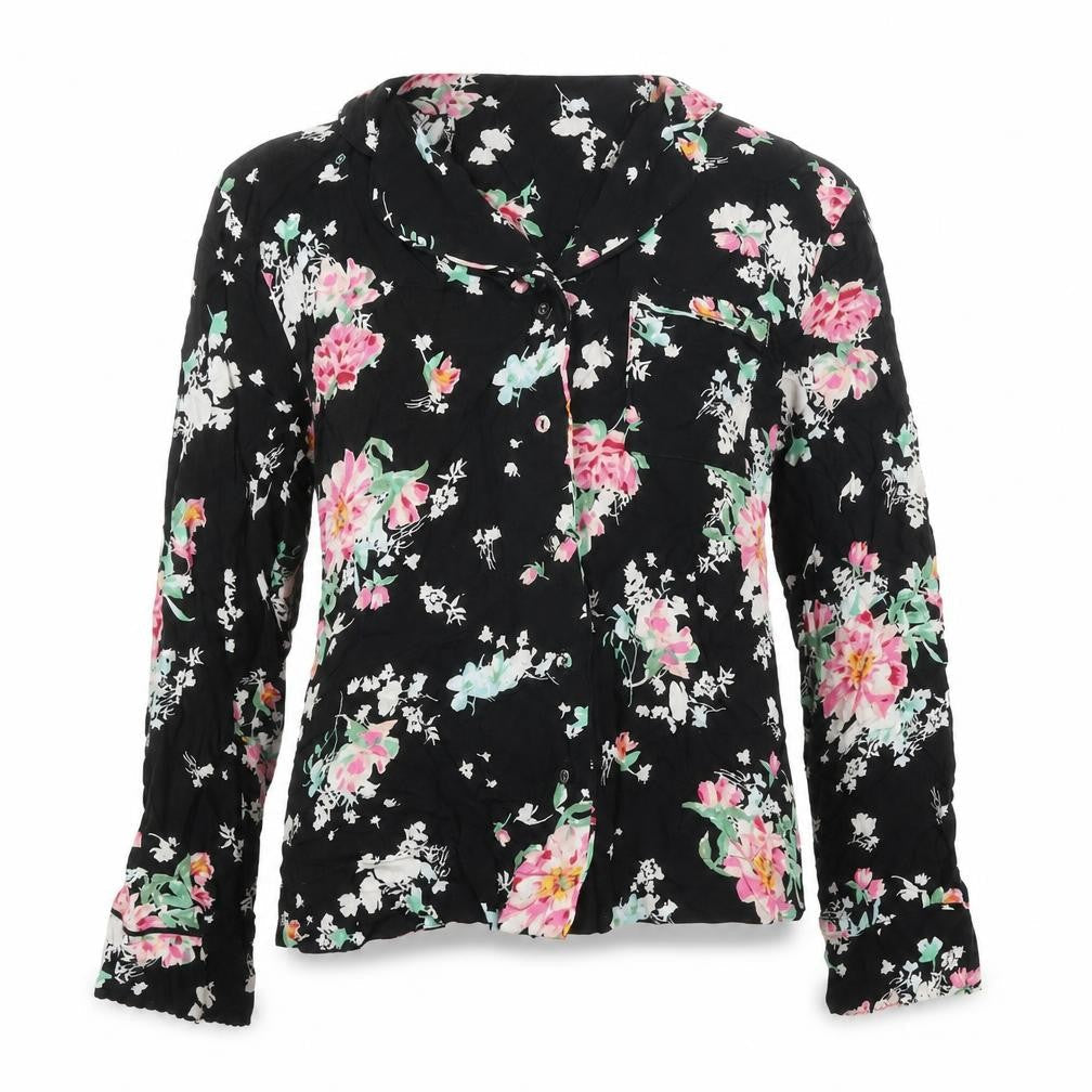 Marks & Spencer Womens Black Floral Viscose Basic Button-Up Size 6 Collared