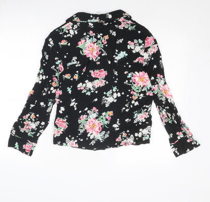 Marks & Spencer Womens Black Floral Viscose Basic Button-Up Size 6 Collared