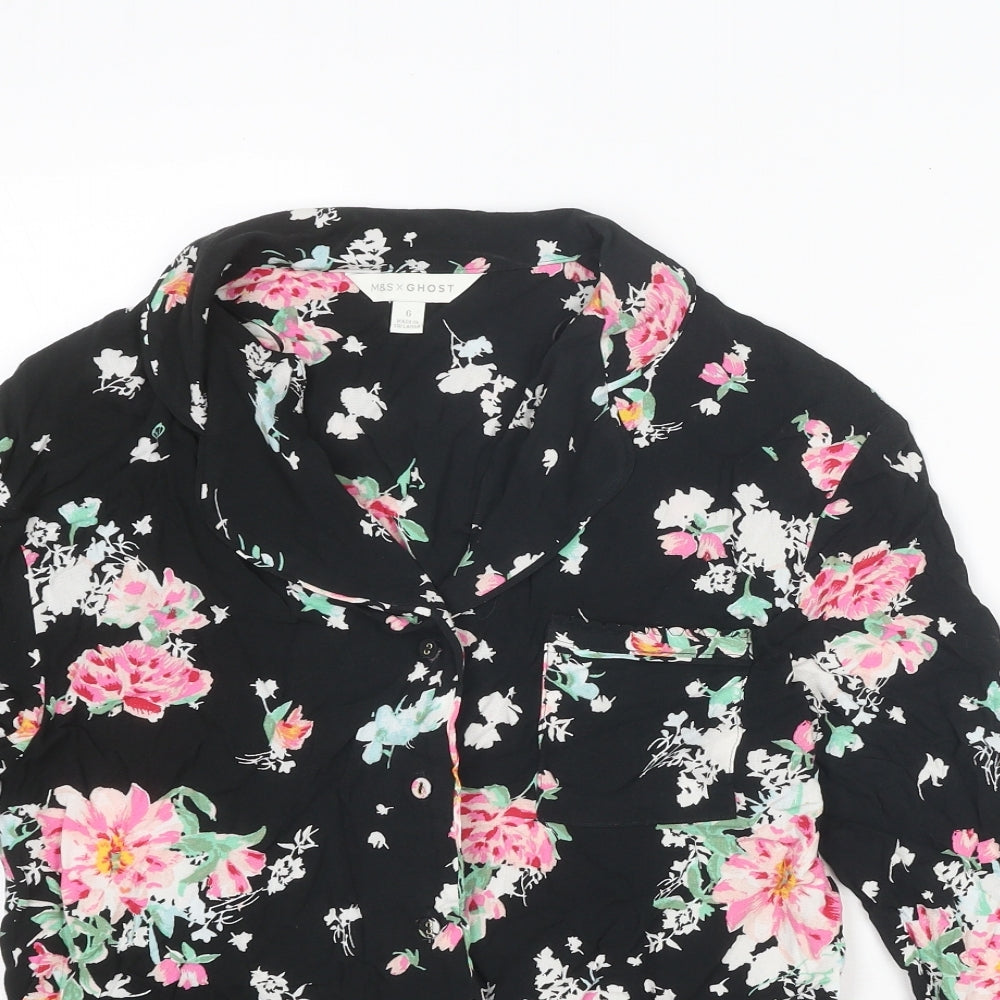 Marks and Spencer Womens Black Floral Viscose Basic Button-Up Size 6 Collared