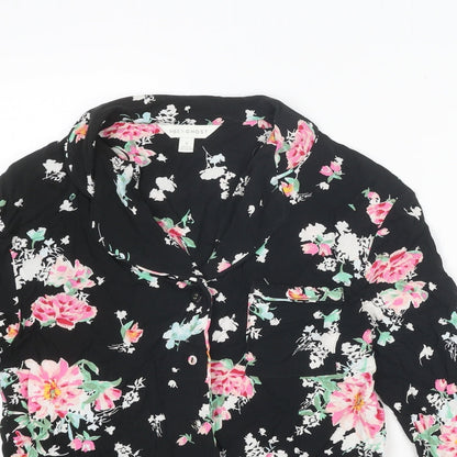 Marks & Spencer Womens Black Floral Viscose Basic Button-Up Size 6 Collared