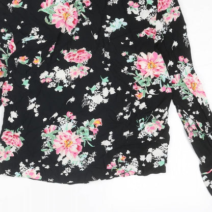 Marks & Spencer Womens Black Floral Viscose Basic Button-Up Size 6 Collared