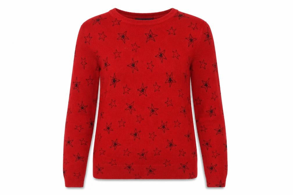 Marks & Spencer Womens Red Round Neck Geometric Acrylic Pullover Jumper Size 10 - Star Pattern