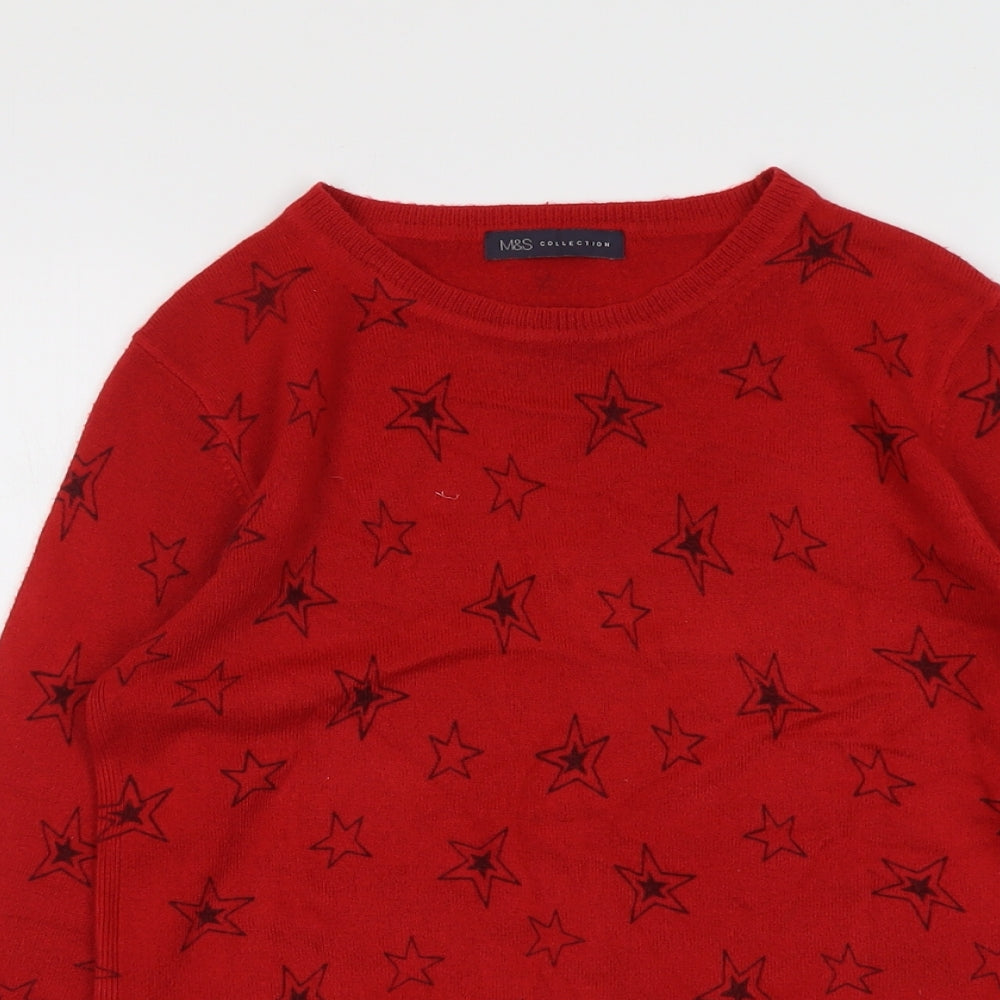 Marks and Spencer Womens Red Round Neck Geometric Acrylic Pullover Jumper Size 10 - Star Pattern