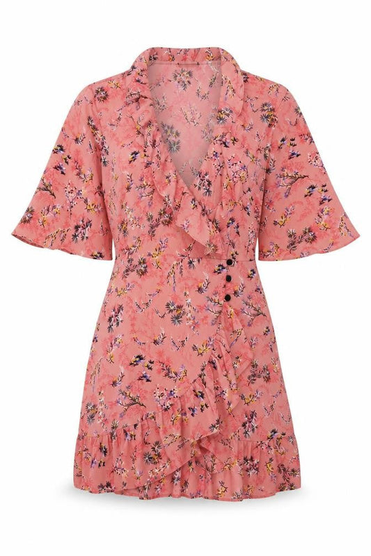 Topshop Womens Pink Floral Polyester Skater Dress Size 10 V-Neck Button