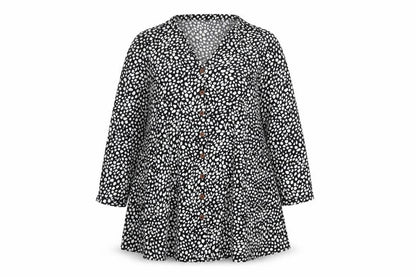 Front view of Missguided women’s black geometric polyester trapeze & swing, size UK 16, v-neck button