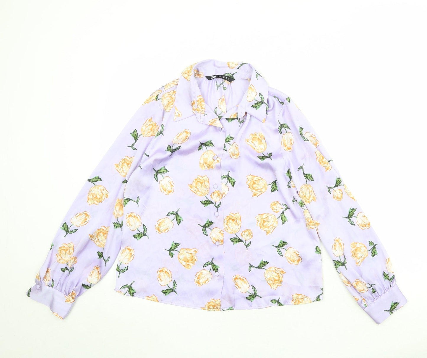 Zara Womens Purple Floral Polyester Basic Button-Up Size S Collared