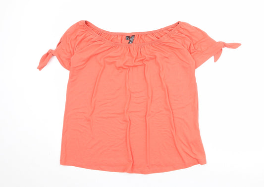 Rainbow Womens Pink Polyester Basic Blouse Size L Off the Shoulder - Tie Sleeve Detail