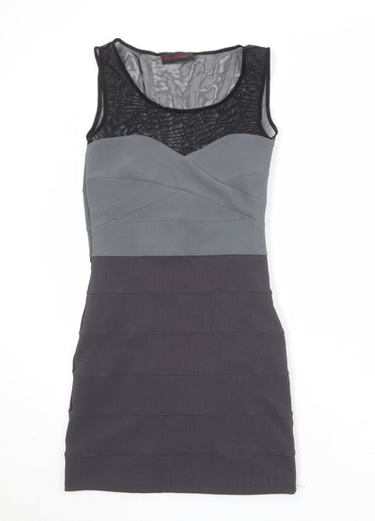 Additional front view of Miss Selfridge women’s grey colourblock polyester bodycon, size UK 12, round neck pullover