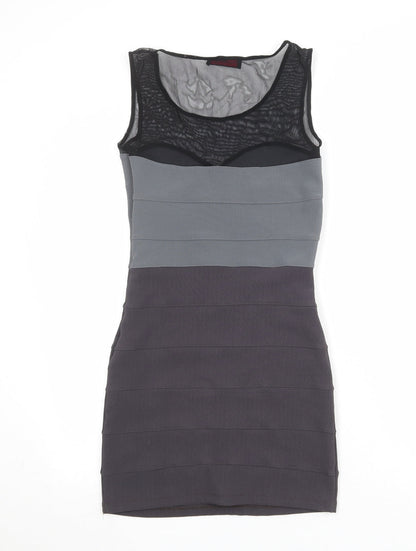Back view of Miss Selfridge women’s grey colourblock polyester bodycon, size UK 12, round neck pullover